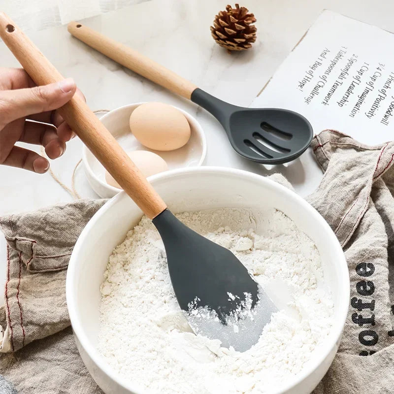 Hemasa 12PCS Silicone  Non-Stick Cookware Kitchen Utensils Set Spatula Shovel Egg Beaters Wooden Handle Cooking Tool Set