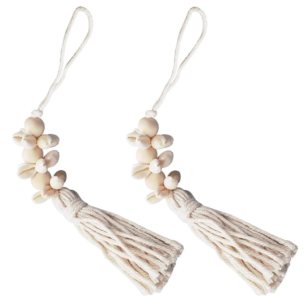 Hemasa 2pcs Seashell Wood Bead Garland Cowrie Shell Bead Garland Tassel Coastal Garland Wall Hanging Accent Home Decor Nautical Farmhouse