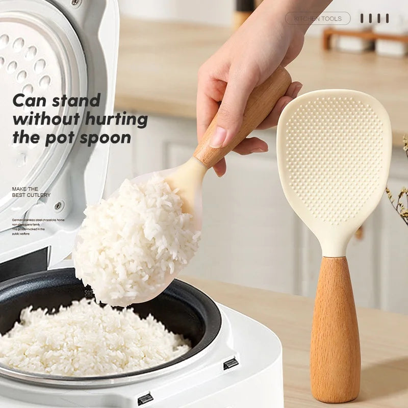 Hemasa 1Pc Silicone Wooden Handle Rice Spoon High Temperature Resistant Non Stick Rice Spoon