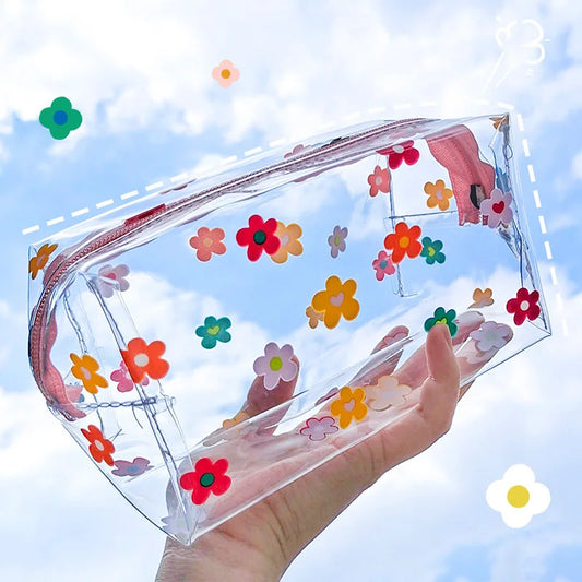 Kawaii Cute Transparent Cosmetic Bag Large Capacity Portable 2023 New Print Fruit Heart Pattern Pencil Case Makeup Storage Bag