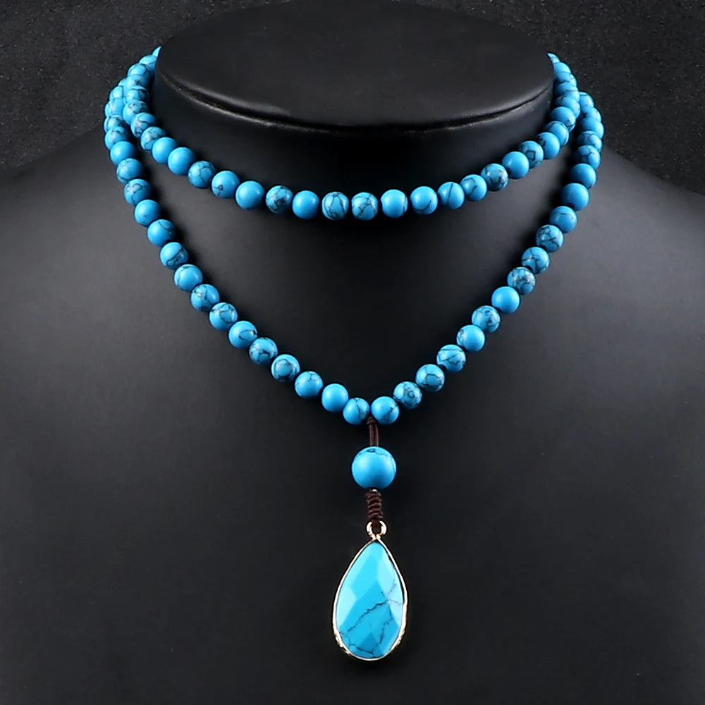 New Simple Pendant Necklaces 108 Mala Natural Blue Pine Stone Beads Meditation Necklaces Handmade Women Bohemia Jewelry Gift 6mm