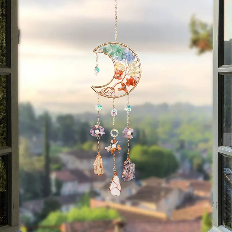 Crystals Gravel Agate Stones Tree of Life Hanging Ornaments for Home Natural Gemstone Moon Suncatcher Room Reiki Decoration