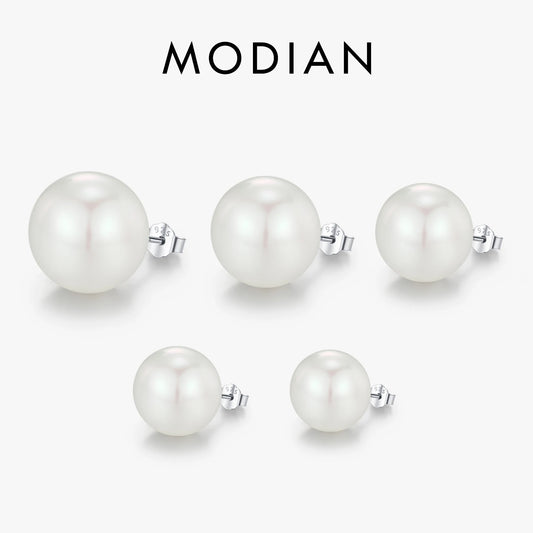 MODIAN 5 Sizes 925 Sterling Silver Elegant Crystal Pearl Stud Earrings Classic Basic Jewelry For Women Birthday Gifts