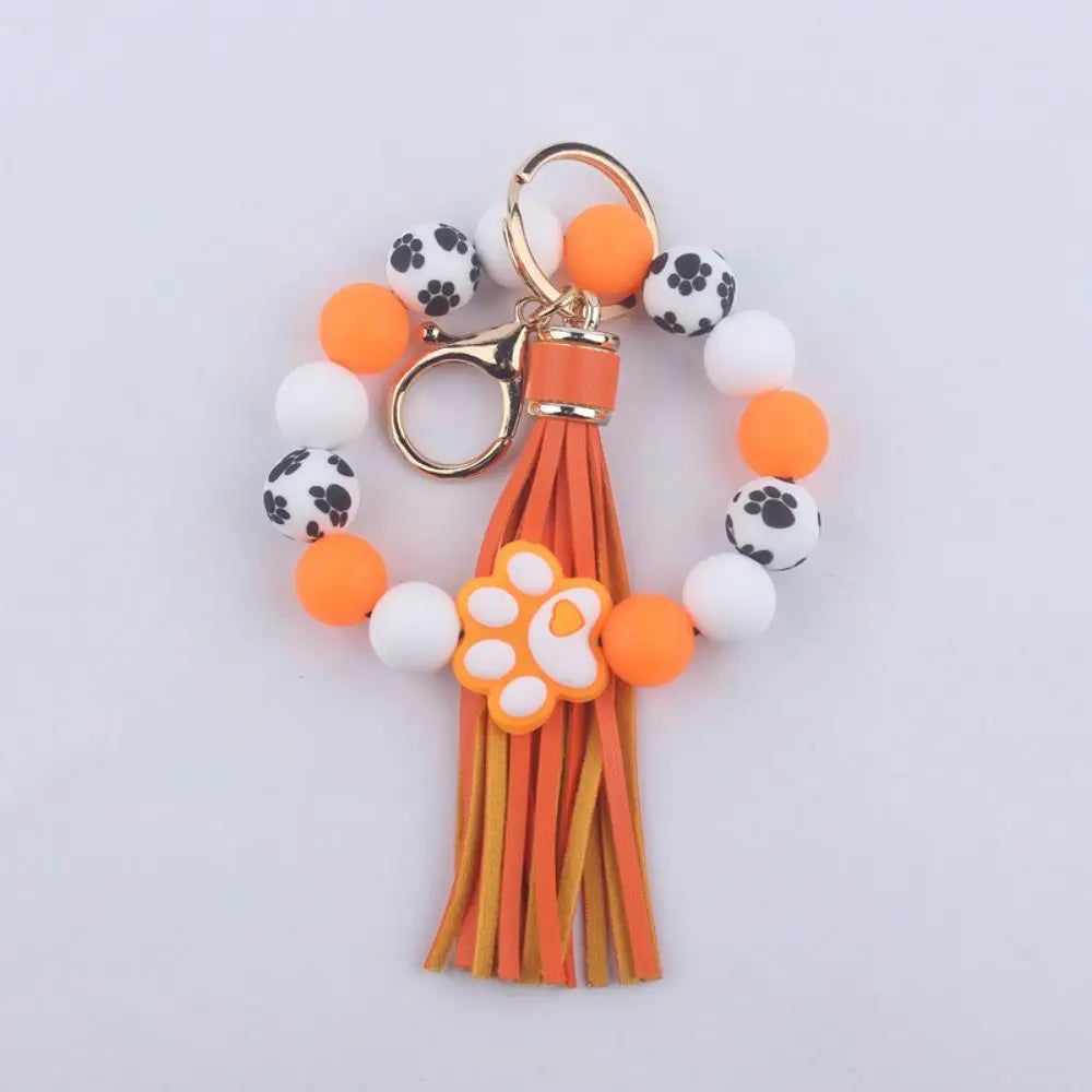 Creative Wristlet Keychain Portable Silicone Beaded Dog Claw Pendant Bracelet with Leather Tassel English Alphabet