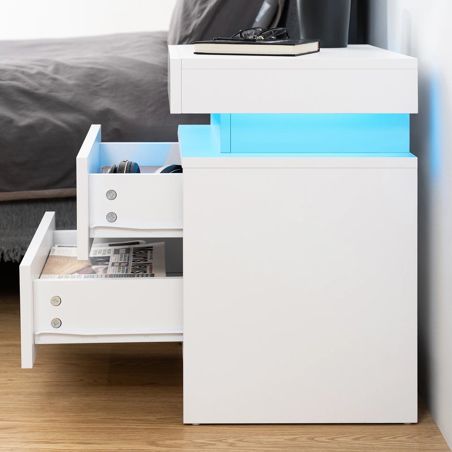 Nightstand RGB LED Light Bedside Table Cabinet with 2 Drawer Bedroom High Gloss