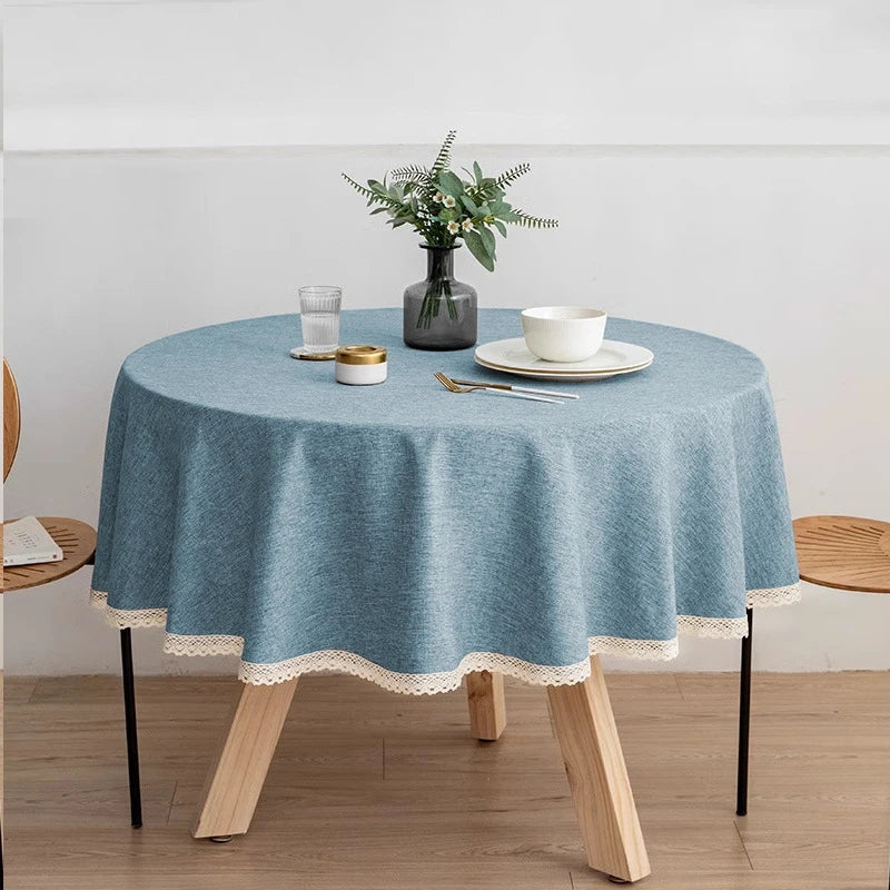 Tejesa Round Solid Color Faux Linen Tablecloth with Lace Trim-Waterproof/Spill Proof/Stain Resistant/Oil Proof-for Banquet,Parties