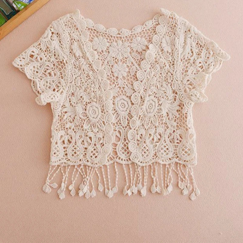 Womens Summer Short Sleeve Tassels Lace Cardigan Floral Crochet Beach Cover Up Shrugs Open Front Crop Jackets N7YD