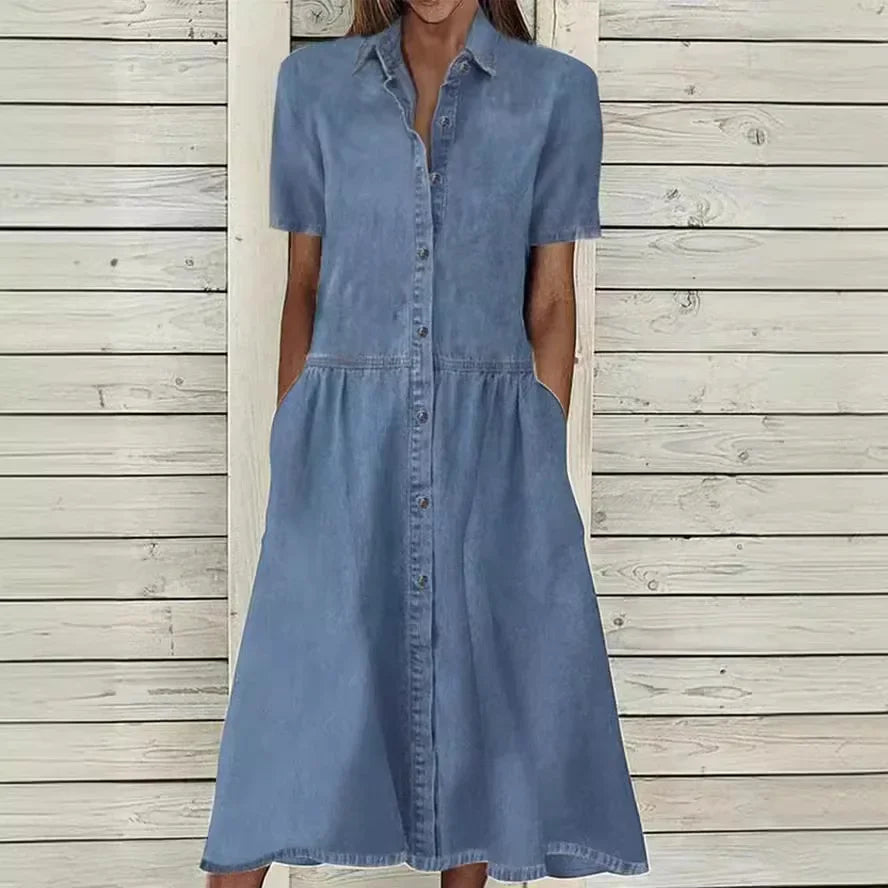 Hemasa Casual Jeans Shirt  Denim Dress for Women /Loose Short Sleeve Cardigan Ladies Womens Denim Shirt Long Dresses