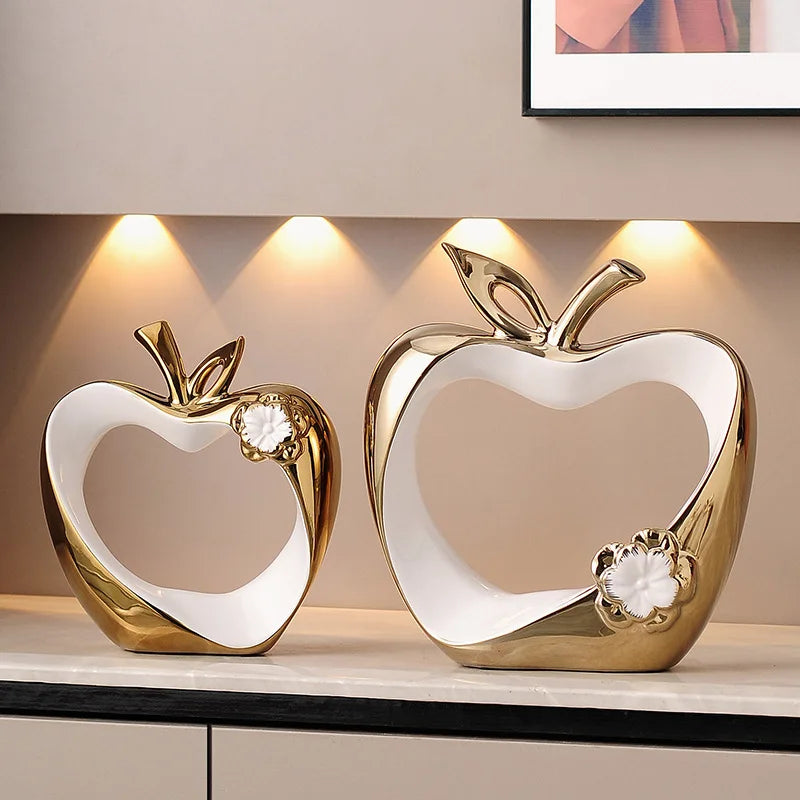 Tejesa Golden Hollow Apple Miniatures Sculptures Ceramic Handicrafts Figurines Decoration Crafts Office home Decoration Accessories