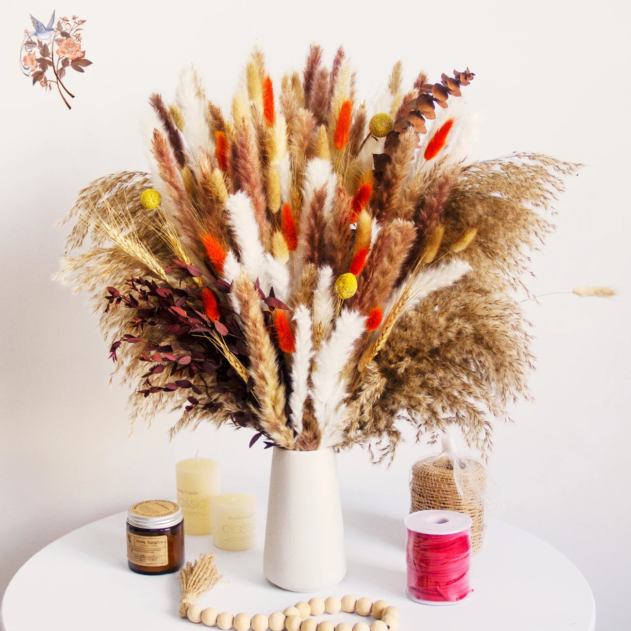 Fluffy Bunny Tails Grass Dried Flowers Pampas Bouquet for Wedding DIY Dining Table Decor Eucalyptus Leaves Home Party Decoration