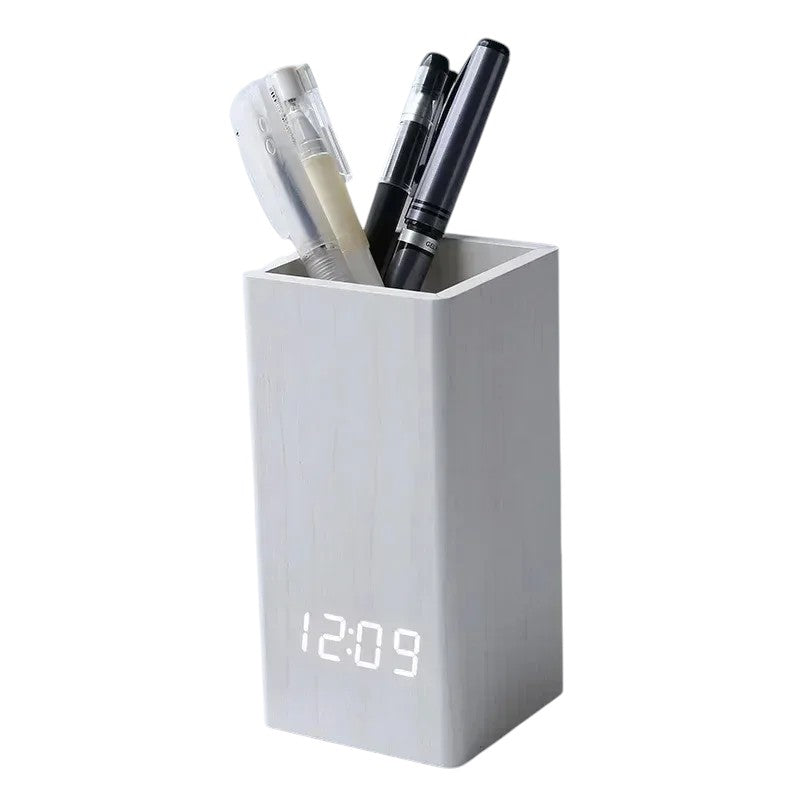 Tejesa Pencil Organizer Pen Holder Alarm Creative Simple Desktop Wooden Clock  Led Time Temperature Date Display Clock Home Decor