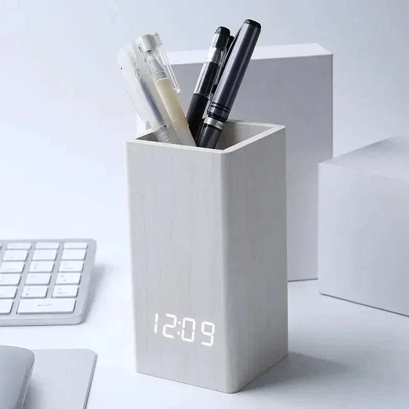 Tejesa Pencil Organizer Pen Holder Alarm Creative Simple Desktop Wooden Clock  Led Time Temperature Date Display Clock Home Decor