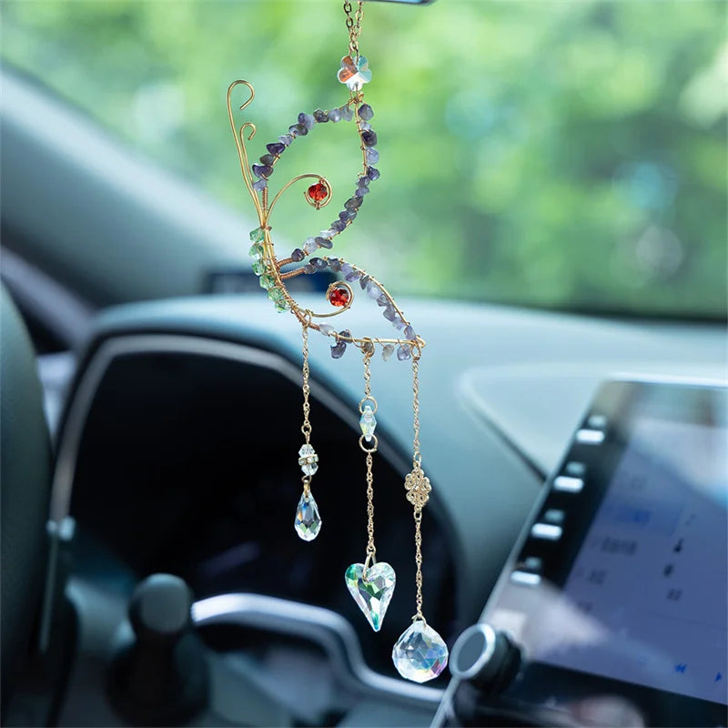 Suncatcher Crystal Hanging Car Ornament Handcraft Natural Raw Gemstone Flower Bird Butterfly Sun Catcher Home Decor Accessories