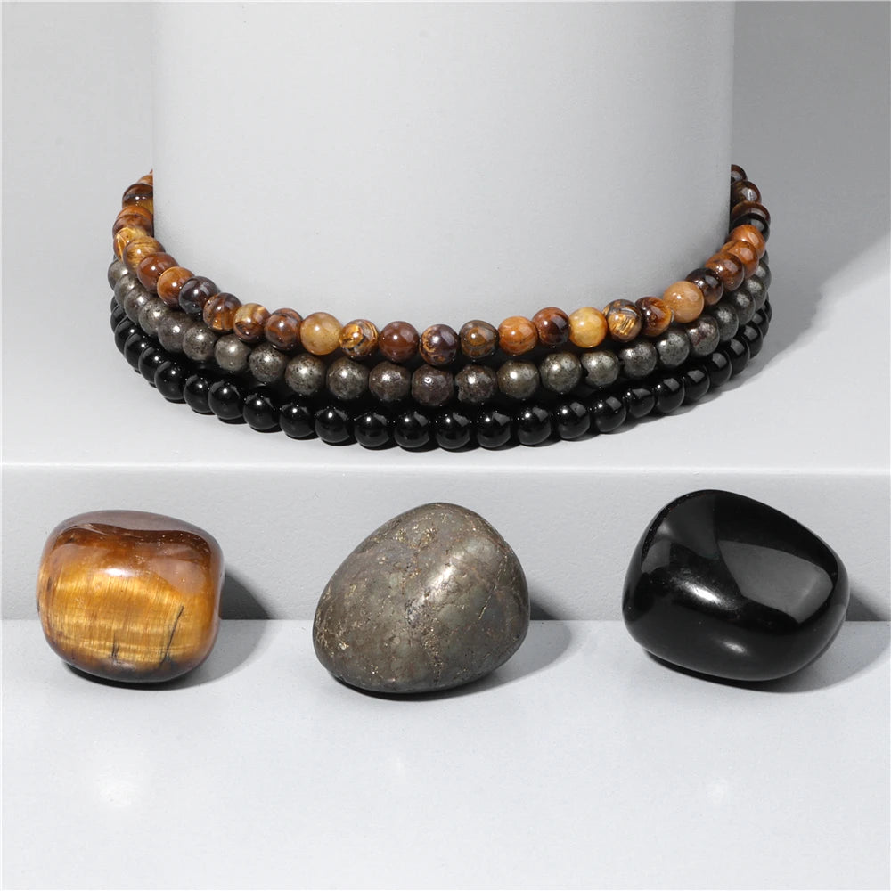3pcs/set 4mm Beaded Bracelet with Raw Stone Natural Aventurine Amethysts Rose Quartz Beads Bracelets Women Men Energy Jewelry