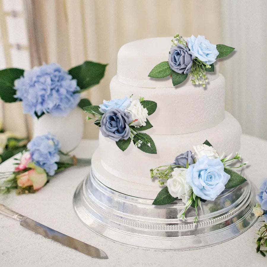 Tejesa 3pcs Pre-made Cake Flowers Toppers Blue White Rustic Boho Wedding Birthday Silk Cake Decoration Flower Party Supplies