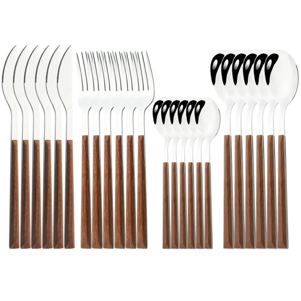 Hemasa 16/24/30Pcs Stainless Steel  Wooden Handle Cutlery Set Dinnerware Clamp Western Tableware Knife Fork Tea Spoon