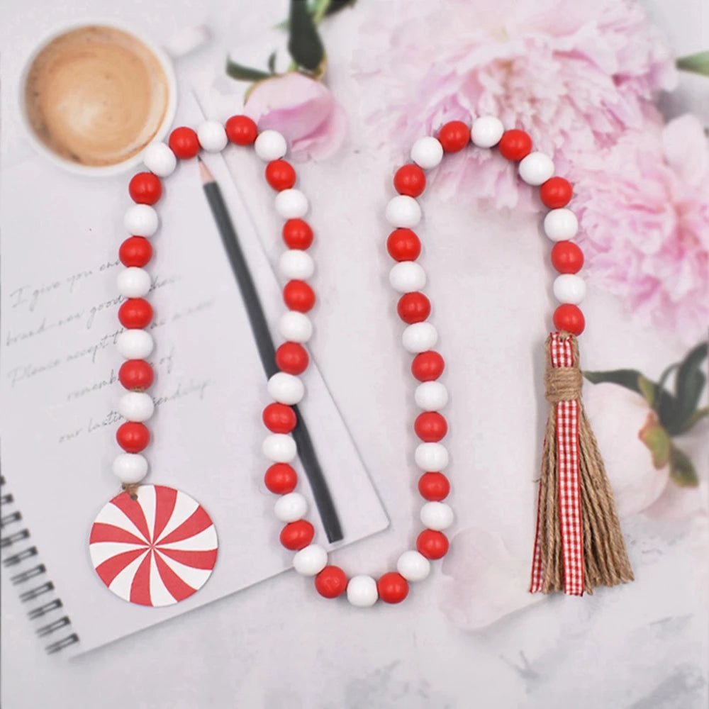 Christmas Wood Beads Garland With Wooden Snowflake Car Pendant Xmas Green Red Wood Bead Garland Tassel Rustic Farmhouse Decor