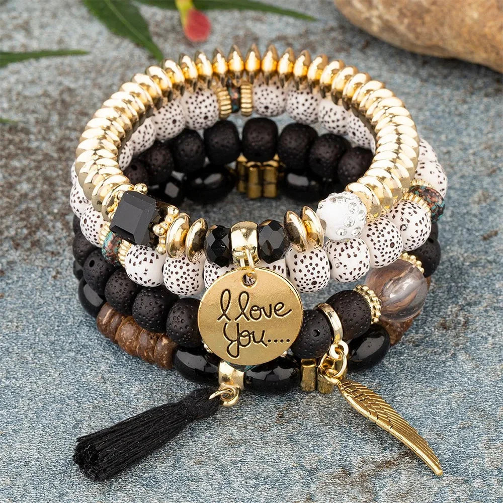 4Pcs Bohemian Beaded Bracelet Set For Women I Love You Letter Round Wing Tassel Charm Elastic Chain Bangle Girls Boho Jewelry