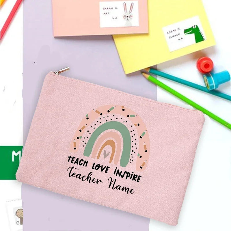 Rainbow Teacher Print Custom Name Personalized Supplies Storage Bags Travel Wash Pouch Makeup Bag Gifts Stationery Pencil Case