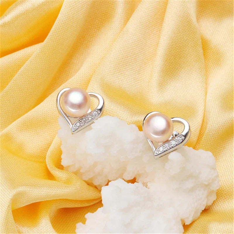Classic Heart Stud Natural Pearl Earrings 925 Sterling Silver Earrings For Women 100% Genuine Pearl Earings Fashion Jewelry