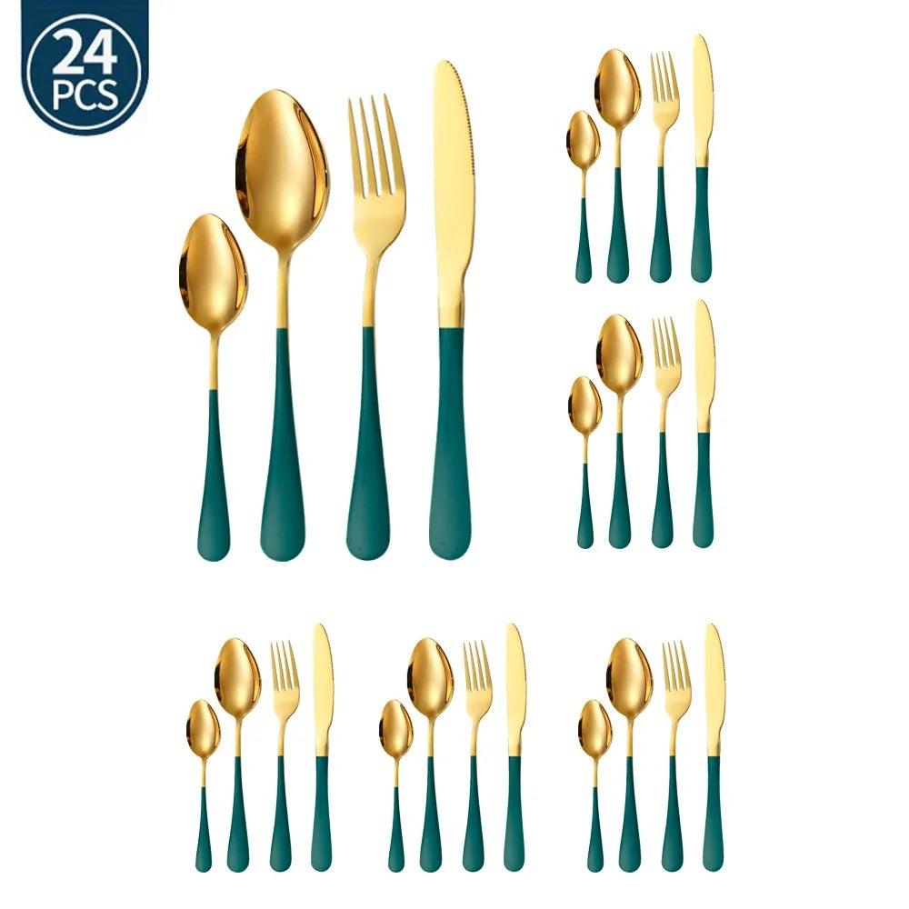 Hemasa 24Pcs Green Gold Tableware Set /Stainless Steel Cutlery  set  Knife Fork Spoon Restaurant Wedding Flatware Set
