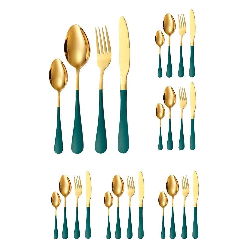 Hemasa 24Pcs Green Gold Tableware Set /Stainless Steel Cutlery  set  Knife Fork Spoon Restaurant Wedding Flatware Set