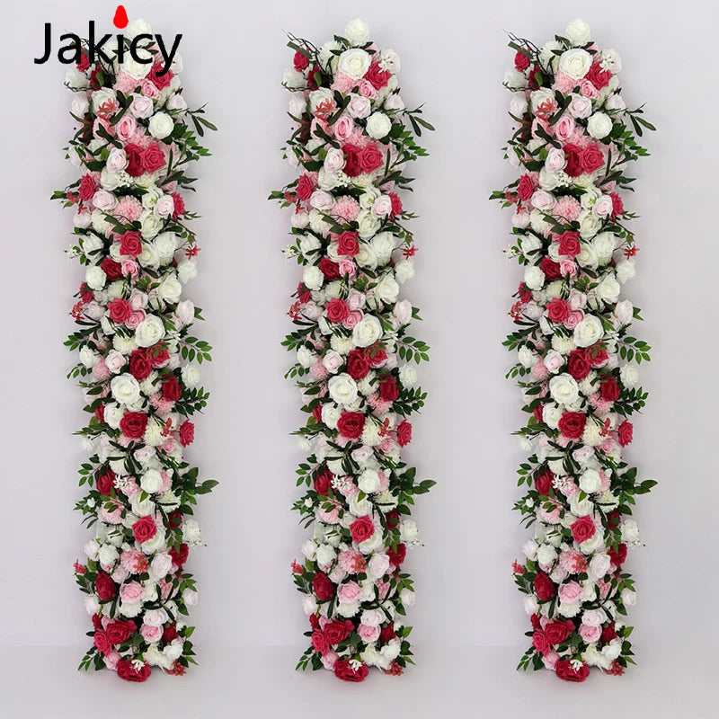 Pink White Series Artificial Flower Strip Wedding Table Runner Floral Arrangement Wedding Backdrop Decor Prop Arch Flower String