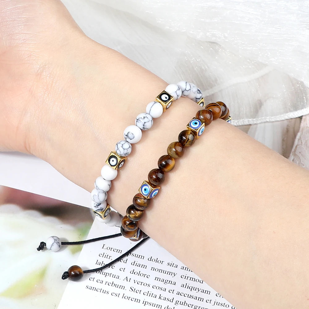 Fashion Adjustable Turkish Evil Eye Braided Bracelet Women Natural Stone 6mm Bead Bangles Men Lucky Friendship Gift Jewelry Yoga