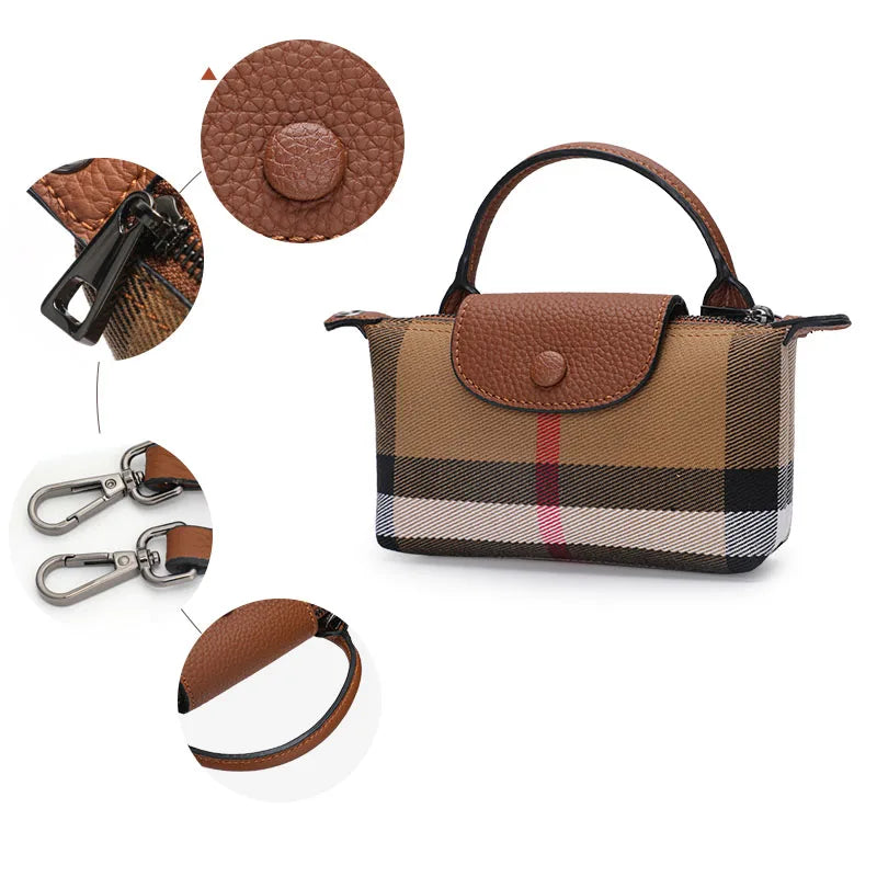 Checkered pattern single shoulder crossbody women's bag, canvas with cowhide mini bag, mobile phone bag