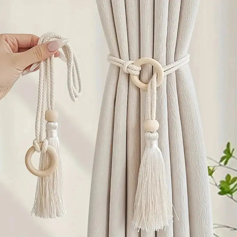 2pcs Log Loop Adjustable Cotton Cord Curtain Tie Fringe Bohemian Chic Curtain Rope Bundle Curtain Bedroom Living Room Home Decor