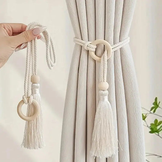 2pcs Log Loop Adjustable Cotton Cord Curtain Tie Fringe Bohemian Chic Curtain Rope Bundle Curtain Bedroom Living Room Home Decor