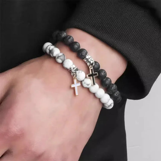 Couple Charm Natural Stone Bracelet Cross Black Lava Matte Beaded Bracelets Handmade Men Women Prayer Fitness Chain Jewelry Gift