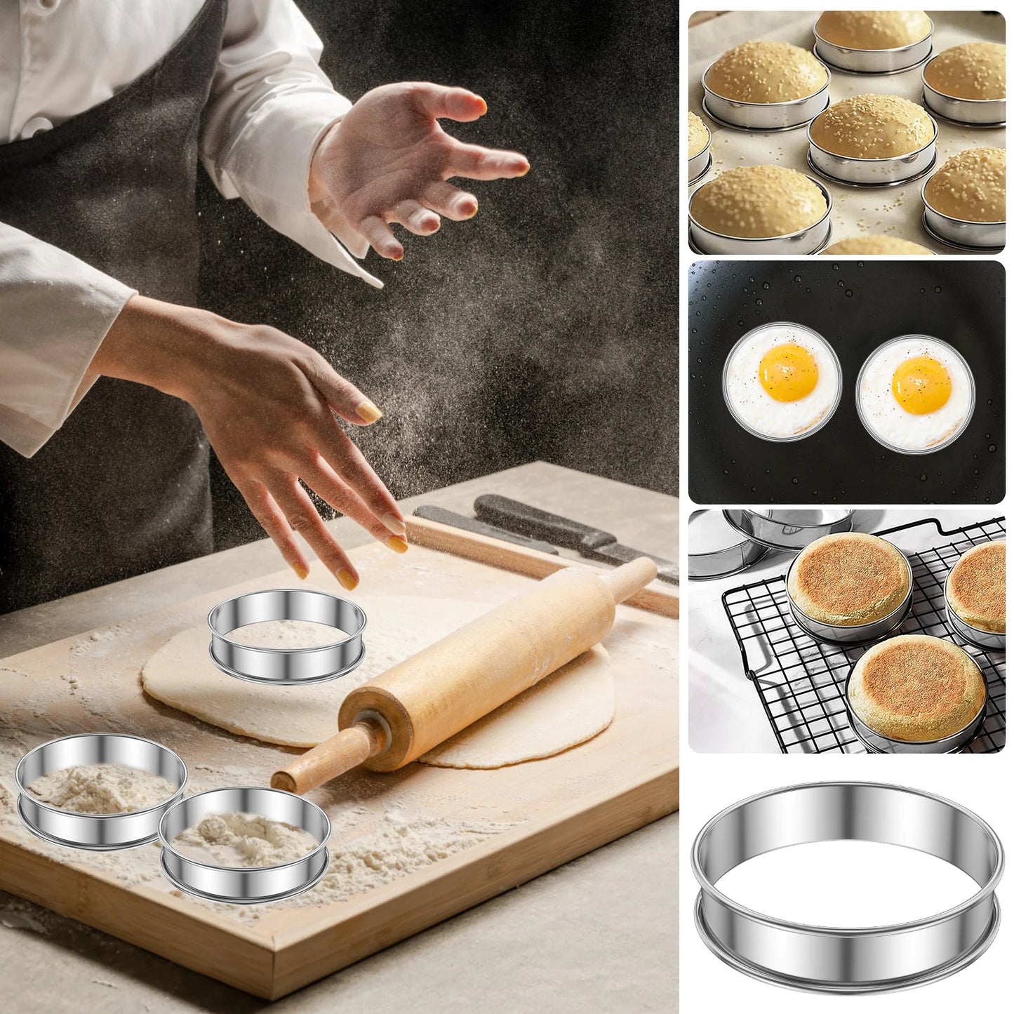 Tejesa 12Pcs Muffin Tart Rings Stainless Steel Crumpet Rings 10/8cm English Double Rolled Muffin Ring Cooking Dessert Pastry Ring Molds