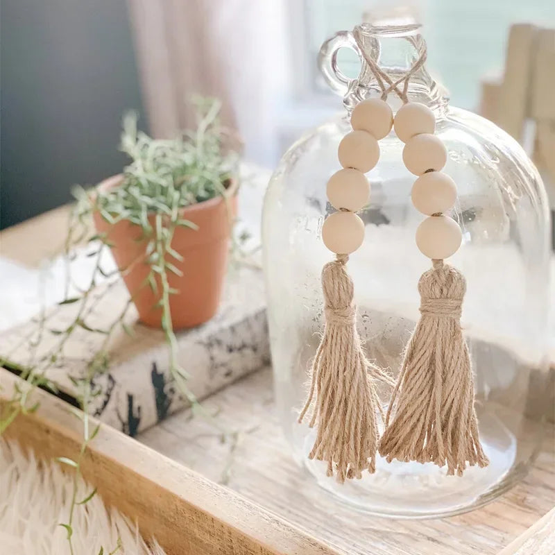 Tejesa  Wood Beads Garland with Large Tassels Wooden Bead String Rustic Farmhouse Beads Prayer Beads Door Bead Garland Hanging Decor for Door Window Decor