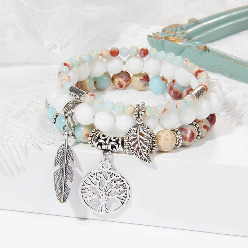3Pcs Tree of Life Pendant Beads Bracelet Natural Stone Tiger Eye Turquoises Labradorite Bracelets for Women Men Couples Jewelry