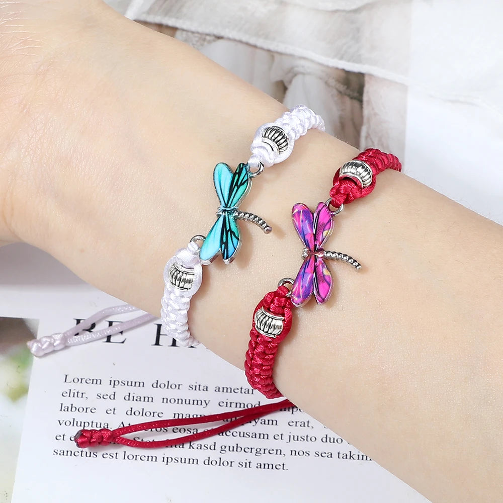 Dragonfly Pendant Charm Bracelet Women Men Black Red White Woven Thread Rope Lucky Bracelet Friendship Bangle Jewelry Girls Gift