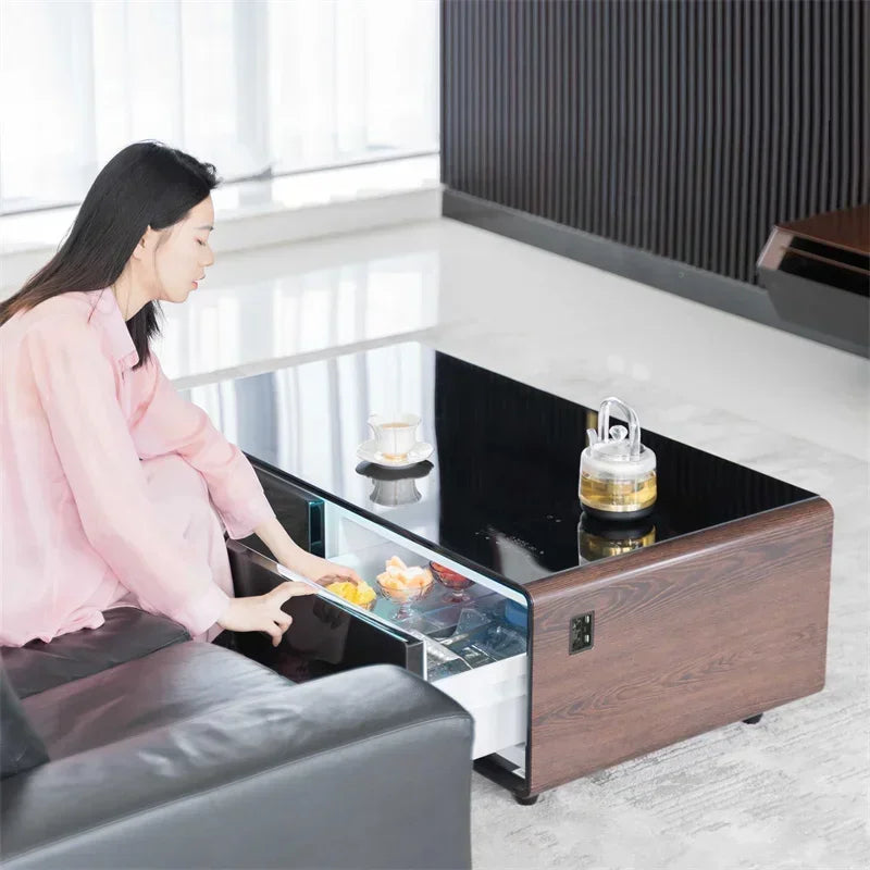 Smart Coffee Table, Living Room Smart Table, with 135L Drawer Refrigerator Wireless USB Charging Port Multifunctional Wood Grain