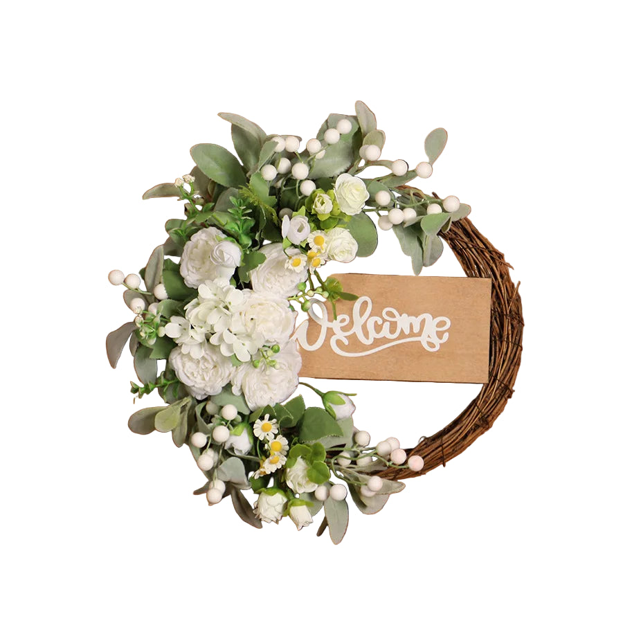 Tejesa Artificial Sunflower Spring  Wreath for Front Door  Green Eucalyptus Wreaths with Welcome Sign Wall Window Outdoor Decor