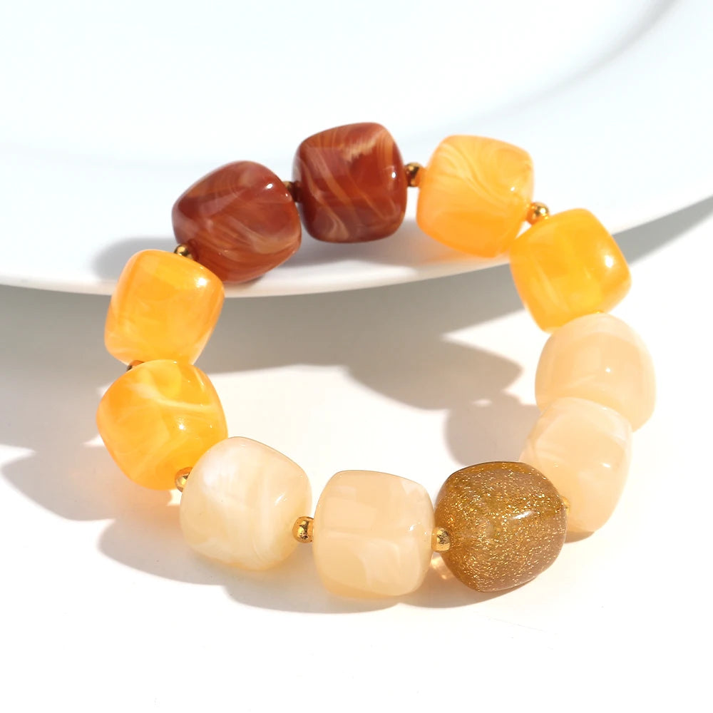 New Multicolor Acrylic Geometric Bead Bracelet for Women Trendy Resin Irregular Square Elastic Bracelets Handmade Jewelry Gift