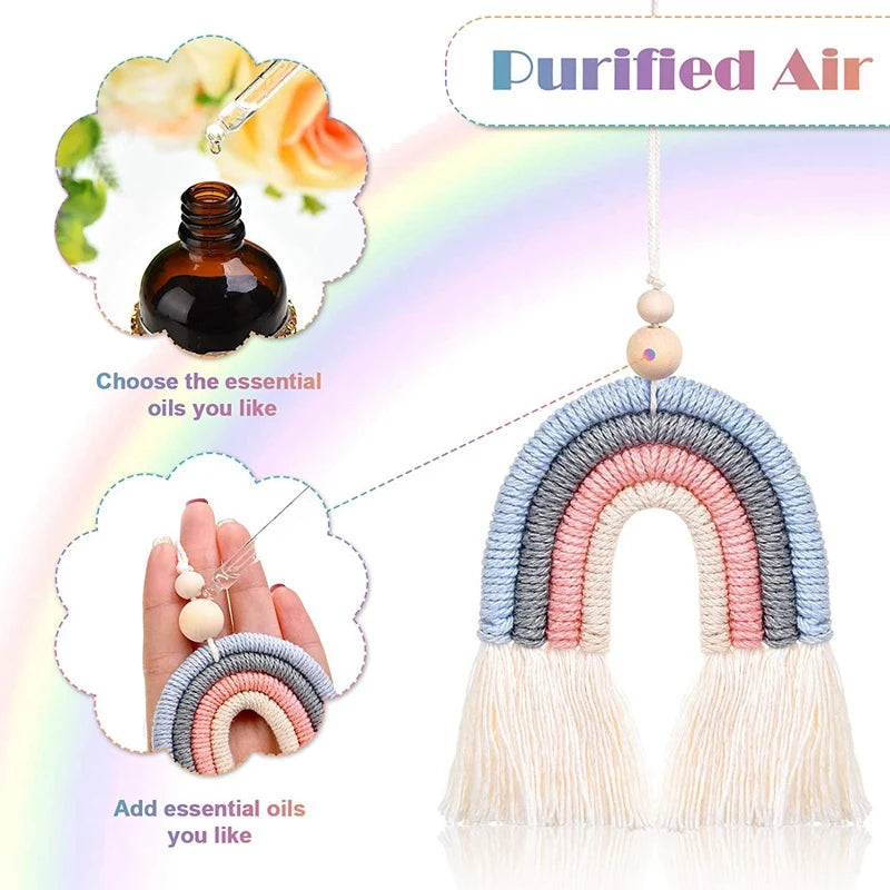 Hemasa 3Pcs Boho Rainbow Car Hanging  Macrame/ Rainbow Car Diffuser