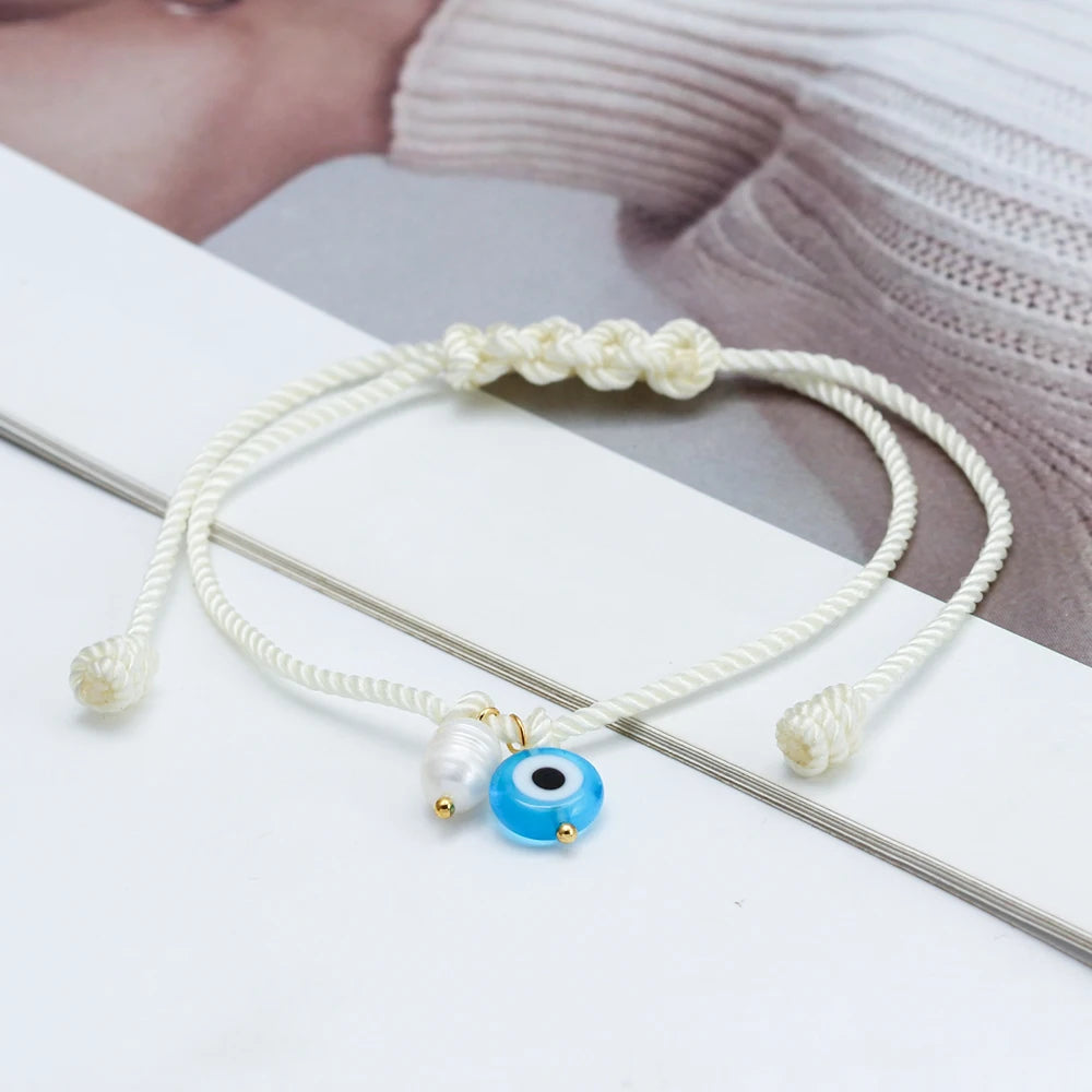 Lucky Eye Braided Rope Bracelet Adjustable Turkish Evil Eye Freshwater Pearl Bead Bracelet for Women Men pulseras bijoux צמידים