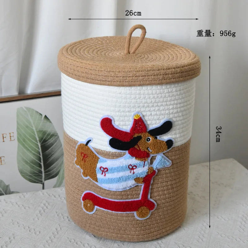 Tejesa Large Capacity  Woven Basket with Lid Cartoon House aped Storage Container Fun Desktop Organizer Basket for Home Use