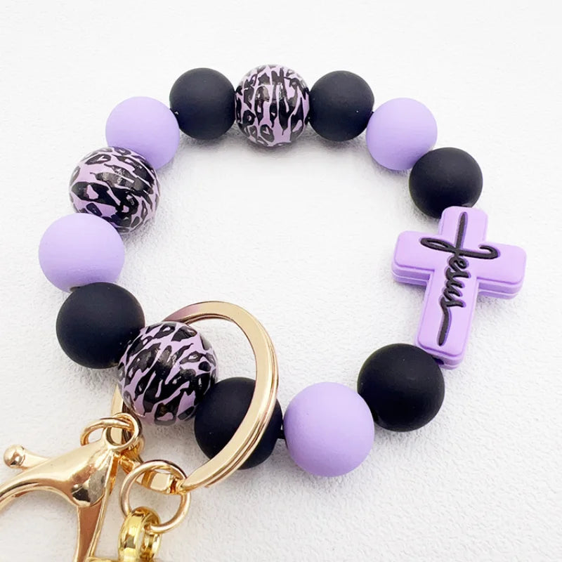 Amazon Hot sell Creative Silicone Beads Hand Stream Wood Big Bead Wrist cross leopard Key Chain bag Pendant Bracelet Keychain