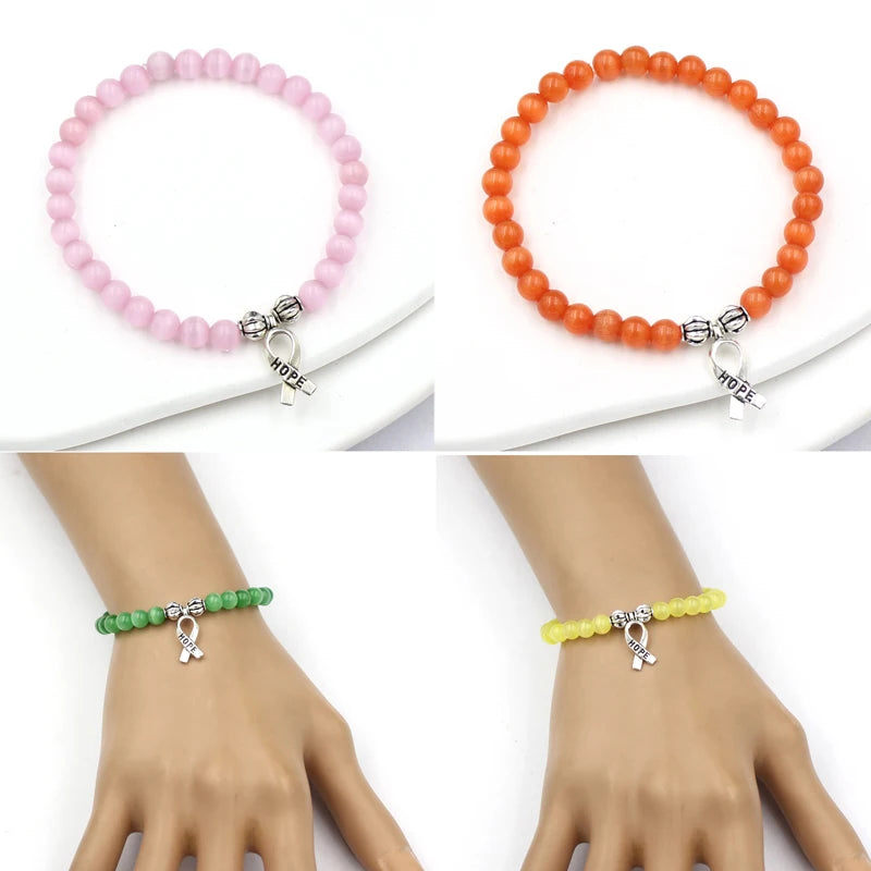 Breast Cancer Jewelry Moonstone Cat Eye Beaded Bracelet Cancer Hope Charm Bracelets Pink Yellow Orange Blue Bangles Pulsera