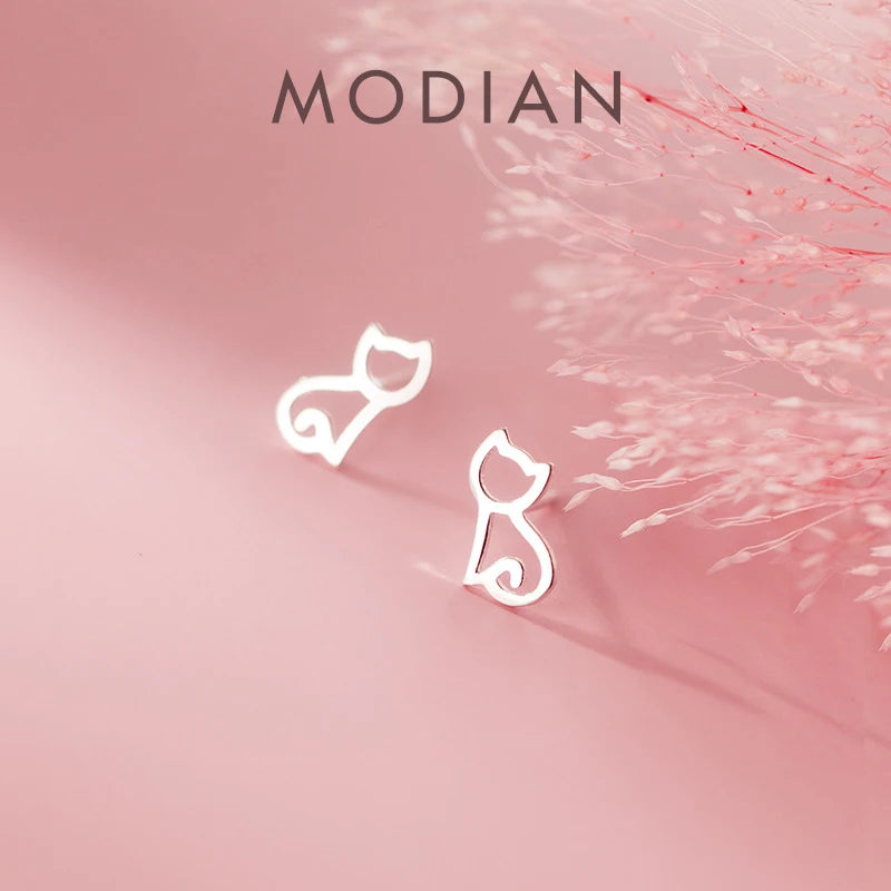 Modian Hot Sale Cute Real 925 Sterling Silver Tiny Cat Animal Stud Earrings For Women Sterling Silver S925 Party Jewelry Bijoux