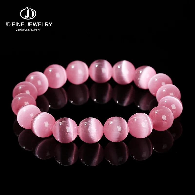 JD Natural Stone Dark Pink Cat Eyes Stone Strand Bracelet Women Simple Jewelry Gifts Round Bead Elastic Rope Bracelet For Girls