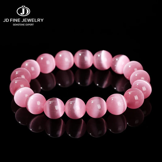 JD Natural Stone Dark Pink Cat Eyes Stone Strand Bracelet Women Simple Jewelry Gifts Round Bead Elastic Rope Bracelet For Girls