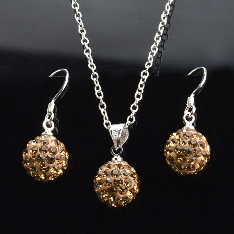 Brand Female Jewelry Set Women's Fashion Ab White Crystal 10mm Ball Drop Earrings Necklace Pendant Set Silver Color Wholesale