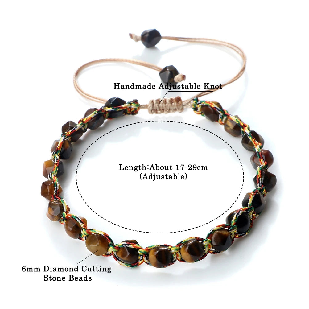 Fashion 6mm Cut Surface Natural Agate Tiger Eye Stone Bracelets Handmade Colorful Nylon Rope Braided Bracelet Jewelrys Women Men