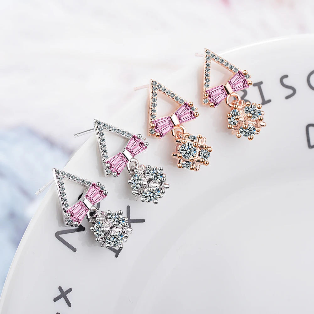 Charming 925 Sterling Silver Ultra-flash Zirconia Geometric Triangle Bowknot Earrings For Women Gift oorbellen S-E815